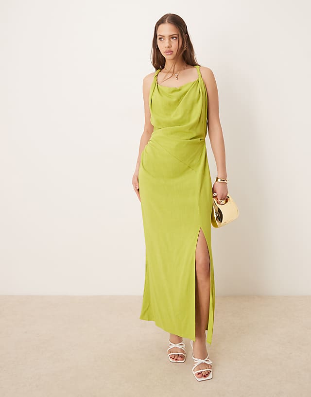 asos ASOS DESIGN linen twist shoulder detail midi dress with ruching in pale green