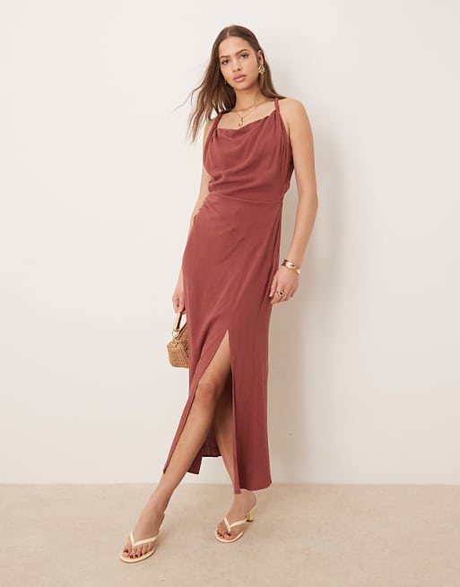 asos ASOS DESIGN linen twist shoulder detail midi dress with ruching in apple butter
