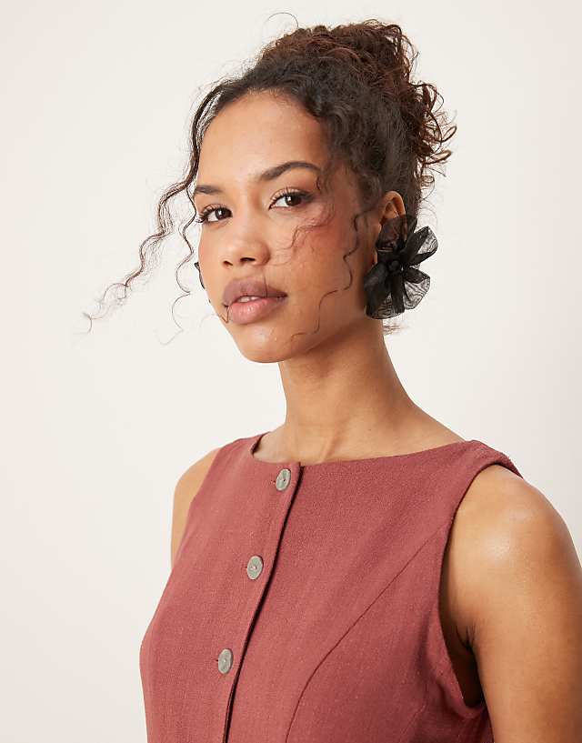 Asos ASOS DESIGN Linen Waistcoat Detail Midi Dress In Apple Butter