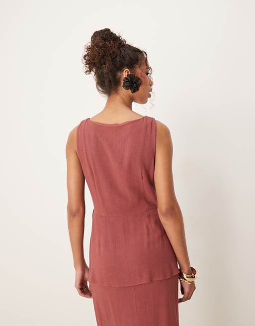 Asos ASOS DESIGN Linen Waistcoat Detail Midi Dress In Apple Butter