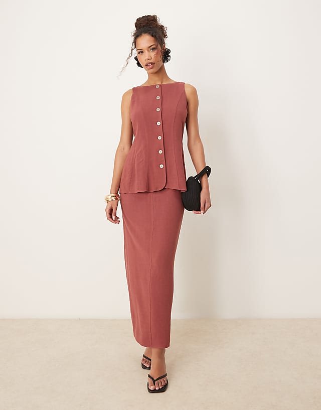 Asos ASOS DESIGN Linen Waistcoat Detail Midi Dress In Apple Butter