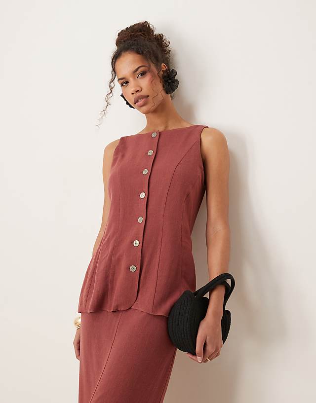 asos ASOS DESIGN linen waistcoat detail midi dress in apple butter