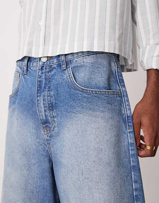 Asos ASOS DESIGN Long Length Denim Fatigue Jorts In Mid Wash Blue