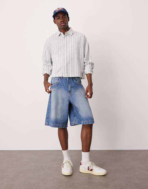 Asos ASOS DESIGN Long Length Denim Fatigue Jorts In Mid Wash Blue