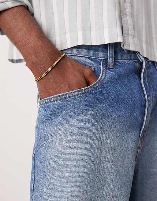 Asos ASOS DESIGN Long Length Denim Fatigue Jorts In Mid Wash Blue