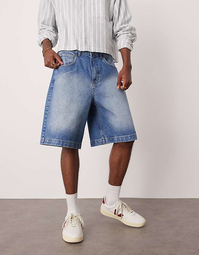 asos ASOS DESIGN long length denim fatigue jorts in mid wash blue
