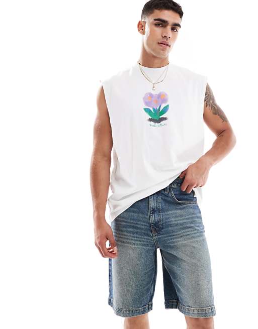 asos ASOS DESIGN long length denim jort in mid wash blue