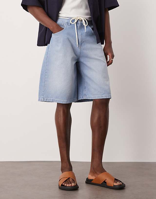 Asos ASOS DESIGN Long Length Denim Jort With Drawcord In Light Wash Blue