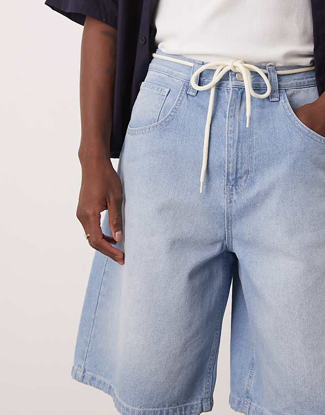 Asos ASOS DESIGN Long Length Denim Jort With Drawcord In Light Wash Blue