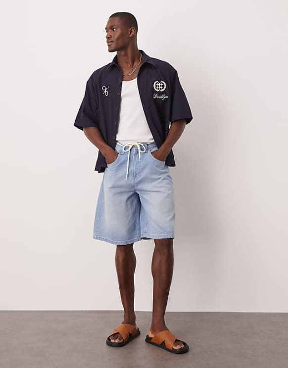 asos ASOS DESIGN long length denim jort with drawcord in light wash blue