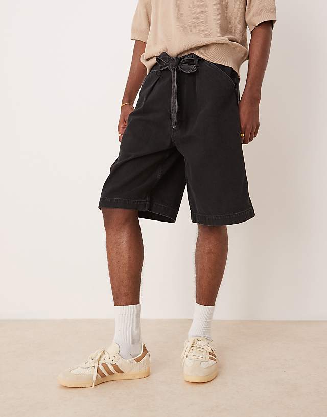 Asos ASOS DESIGN Long Length Denim Jort With Pleats And Self Tie In Washed Black