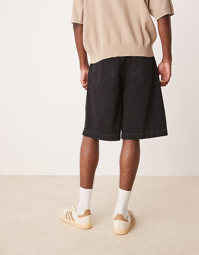 Asos ASOS DESIGN Long Length Denim Jort With Pleats And Self Tie In Washed Black