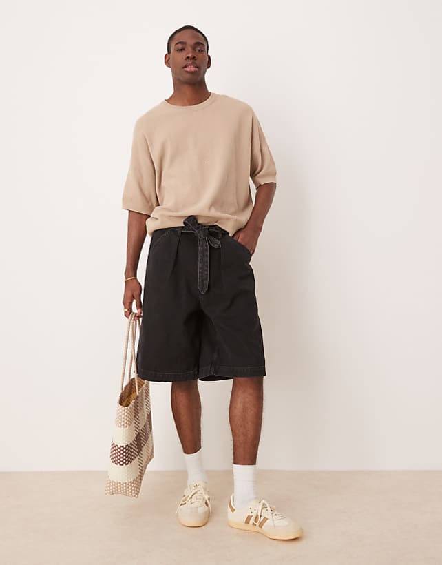 asos ASOS DESIGN long length denim jort with pleats and self tie in washed black