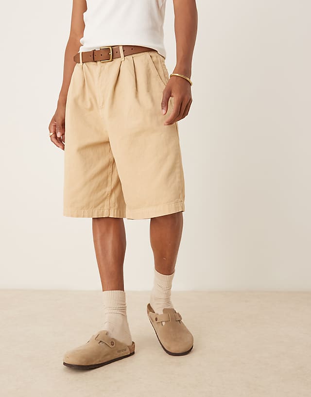 Asos ASOS DESIGN Long Length Pleated Shorts In Beige