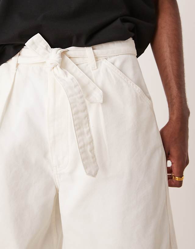 Asos ASOS DESIGN Long Length Pleated Shorts With Self Tie In Ecru
