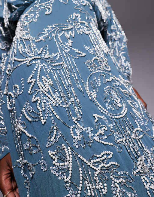 Asos ASOS DESIGN Long Sleeve All Over Fringe Embellished Maxi Dress In Blue