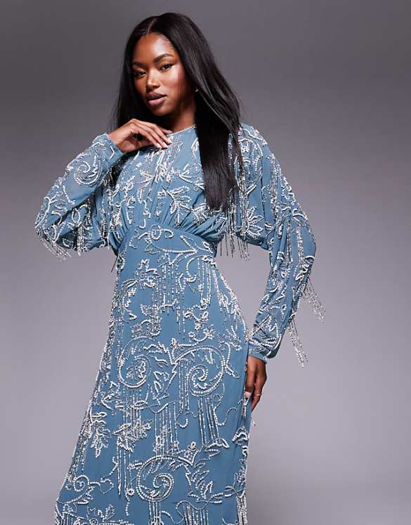Asos ASOS DESIGN Long Sleeve All Over Fringe Embellished Maxi Dress In Blue