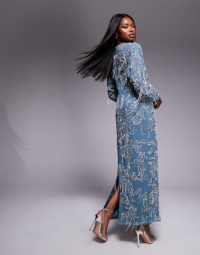 Asos ASOS DESIGN Long Sleeve All Over Fringe Embellished Maxi Dress In Blue