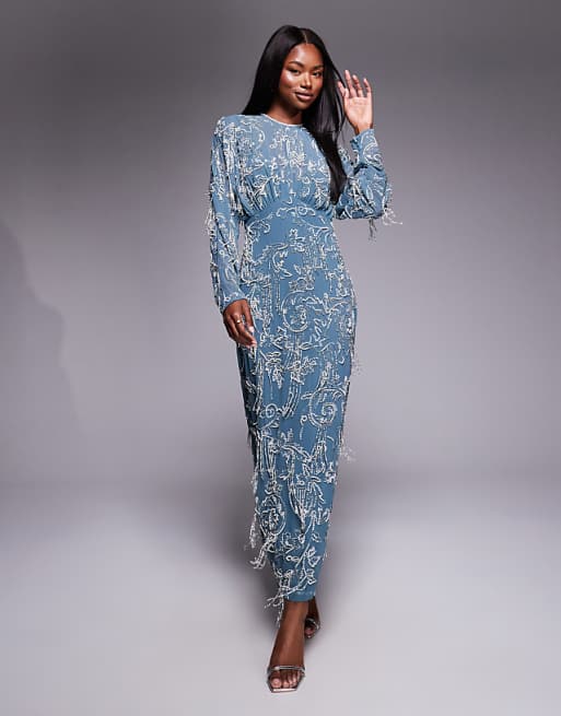 asos ASOS DESIGN long sleeve all over fringe embellished maxi dress in blue
