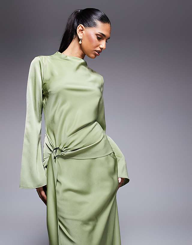 Asos ASOS DESIGN Long Sleeve Bias Satin Maxi Dress With D-ring Buckle In Soft Green
