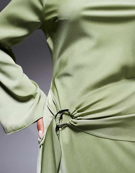 Asos ASOS DESIGN Long Sleeve Bias Satin Maxi Dress With D-ring Buckle In Soft Green