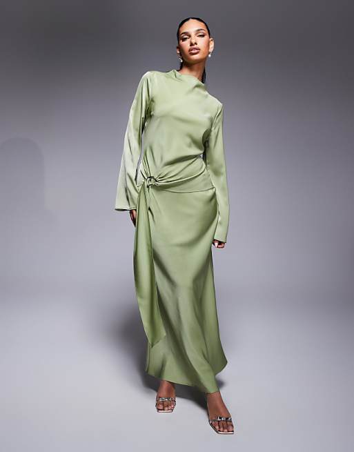 asos ASOS DESIGN long sleeve bias satin maxi dress with d-ring buckle in soft green
