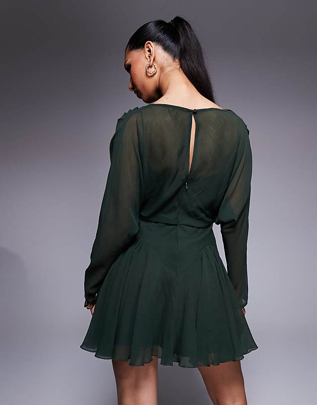 Asos ASOS DESIGN Long Sleeve Blouson Mini Dress With Godets In Khaki