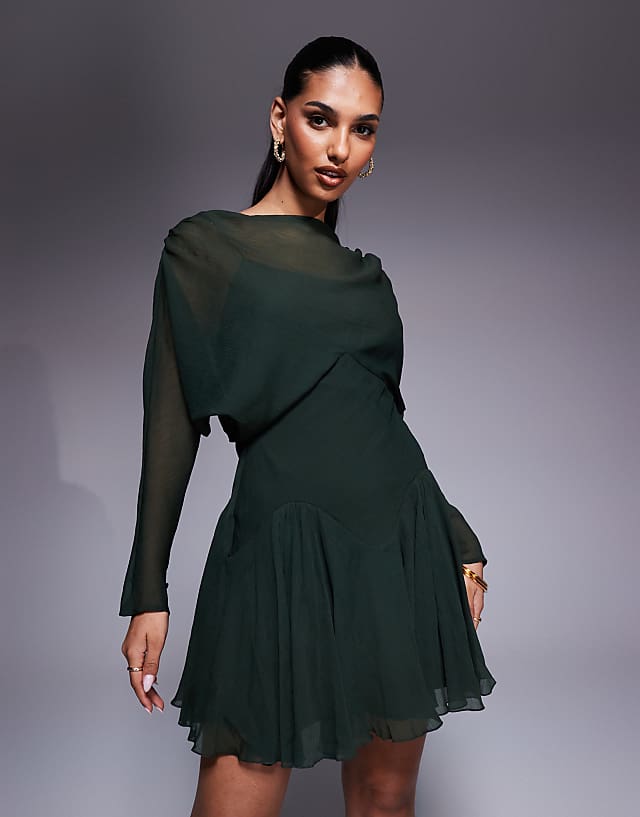 Asos ASOS DESIGN Long Sleeve Blouson Mini Dress With Godets In Khaki