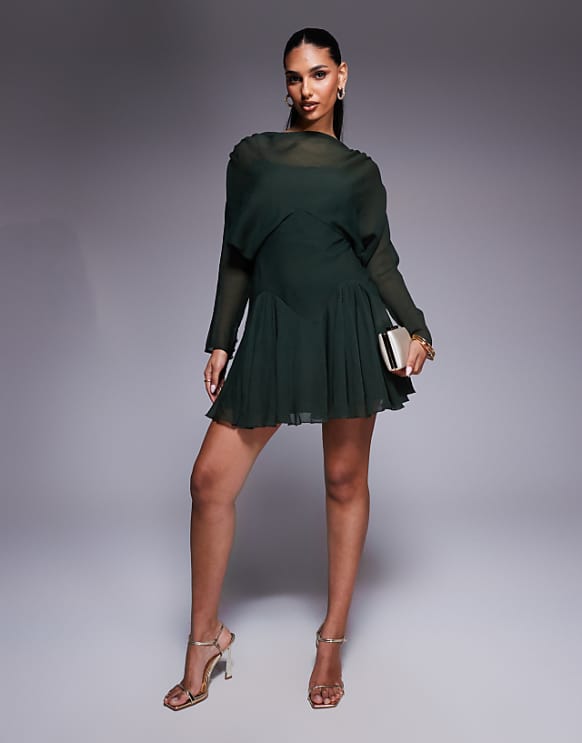 asos ASOS DESIGN long sleeve blouson mini dress with godets in khaki