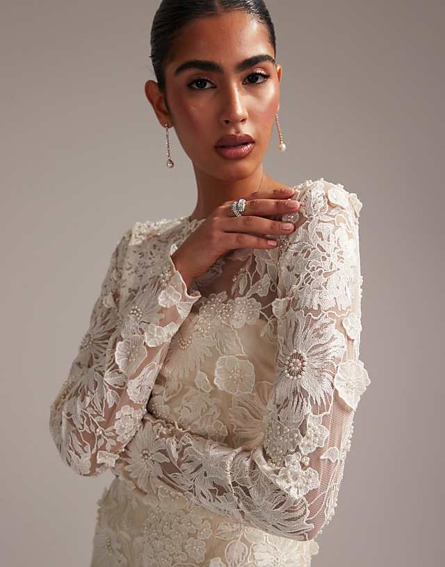 Asos ASOS DESIGN Long Sleeve Embroidered Mini Wedding Dress In Cream