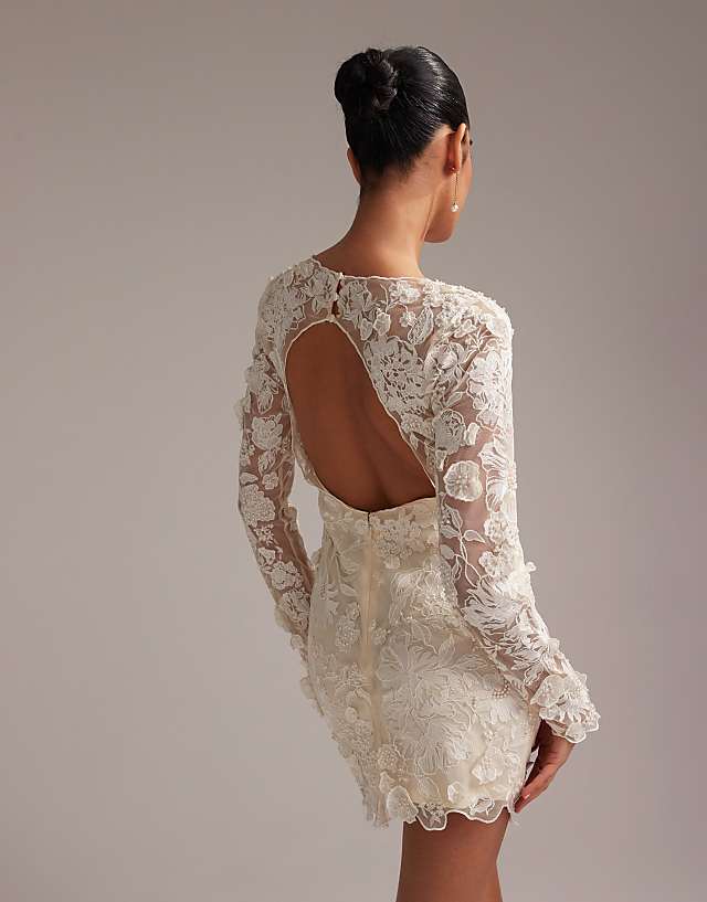 Asos ASOS DESIGN Long Sleeve Embroidered Mini Wedding Dress In Cream