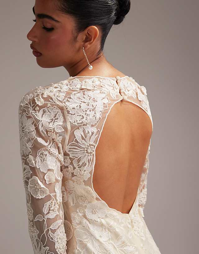 Asos ASOS DESIGN Long Sleeve Embroidered Mini Wedding Dress In Cream