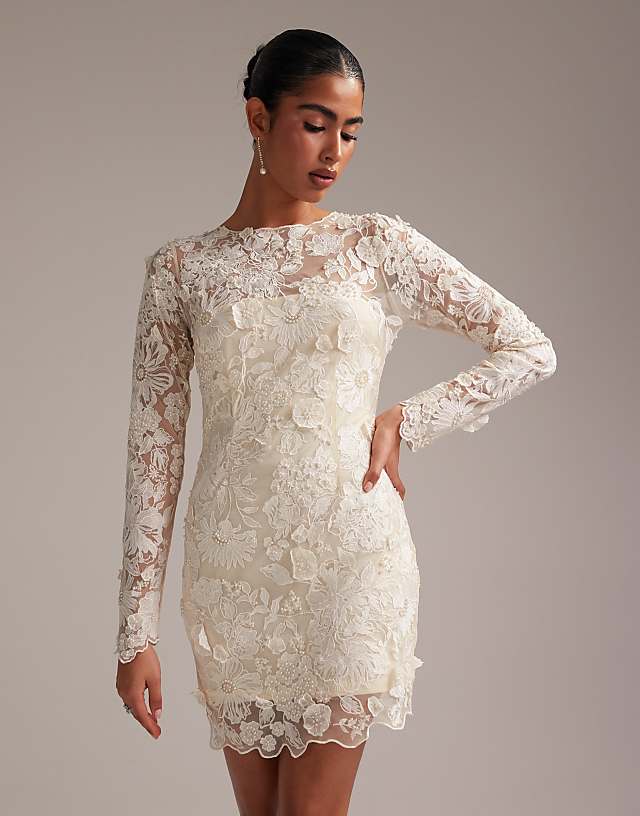 asos ASOS DESIGN long sleeve embroidered mini wedding dress in cream