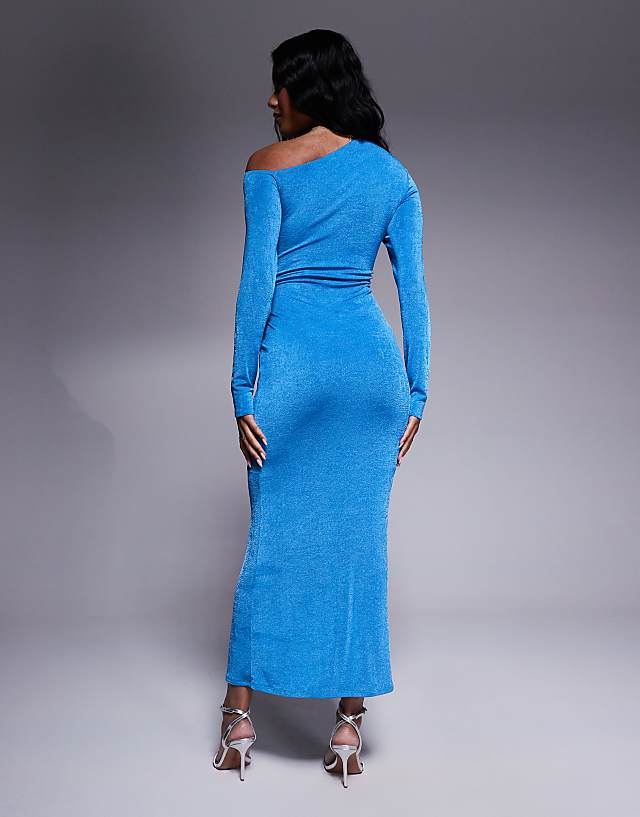 Asos ASOS DESIGN Long Sleeve Fallen Shoulder Maxi Dress With Oversized Waist Trim In Blue