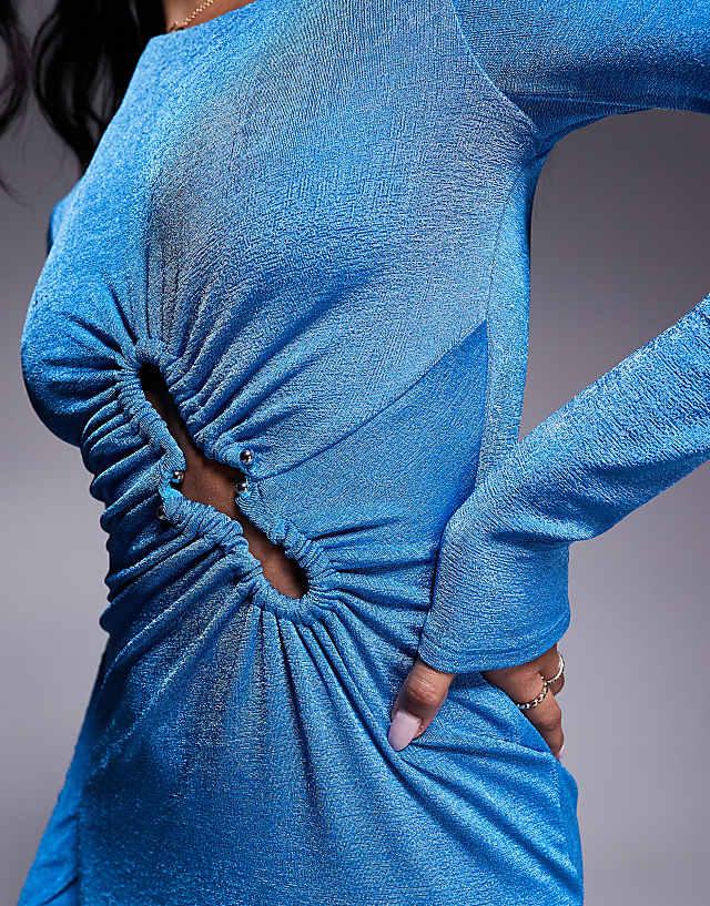 Asos ASOS DESIGN Long Sleeve Fallen Shoulder Maxi Dress With Oversized Waist Trim In Blue