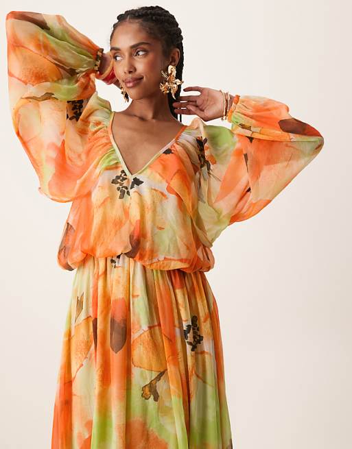 Asos ASOS DESIGN Long Sleeve Puff Blouson Maxi Dress In Overblown Orange Floral Print