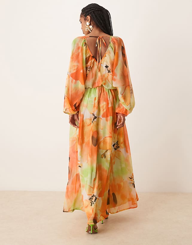 Asos ASOS DESIGN Long Sleeve Puff Blouson Maxi Dress In Overblown Orange Floral Print