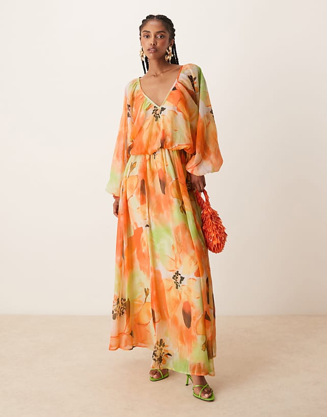 asos ASOS DESIGN long sleeve puff blouson maxi dress in overblown orange floral print