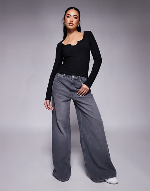 Asos ASOS DESIGN Long Sleeve Ribbed Top With Notch Detail In Black