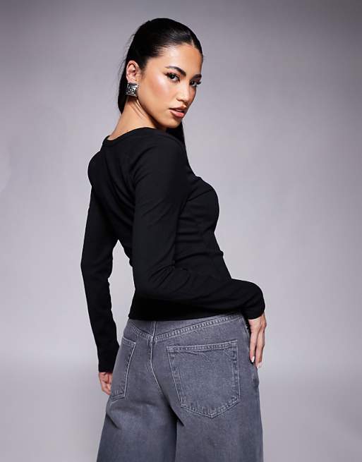 Asos ASOS DESIGN Long Sleeve Ribbed Top With Notch Detail In Black