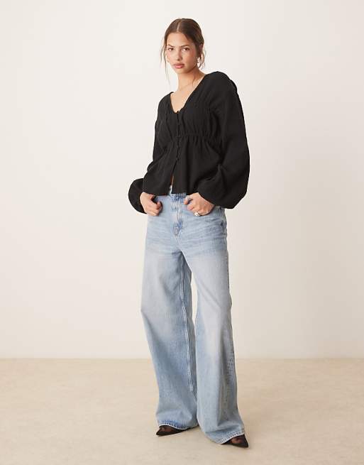 Asos ASOS DESIGN Long Sleeve Smock Top With Button Front In Black