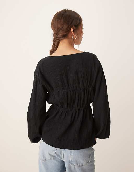 Asos ASOS DESIGN Long Sleeve Smock Top With Button Front In Black