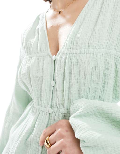 Asos ASOS DESIGN Long Sleeve Smock Top With Button Front In Sage
