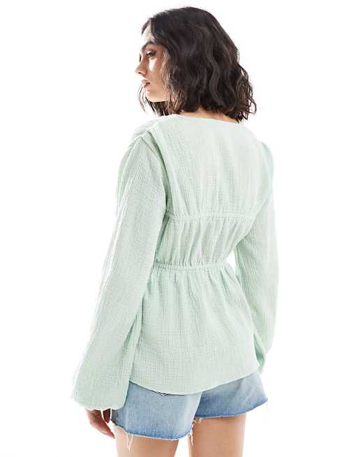 Asos ASOS DESIGN Long Sleeve Smock Top With Button Front In Sage