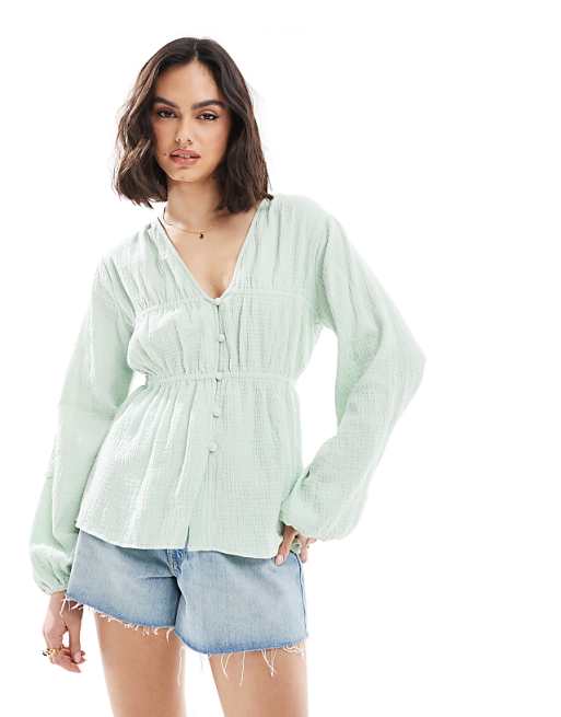 asos ASOS DESIGN long sleeve smock top with button front in sage