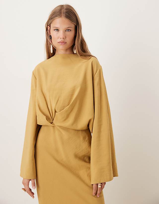 Asos ASOS DESIGN Long Sleeve Tucked Waist Bias Maxi Dress In Gold