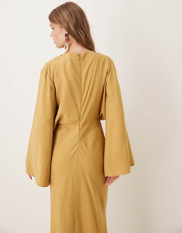 Asos ASOS DESIGN Long Sleeve Tucked Waist Bias Maxi Dress In Gold
