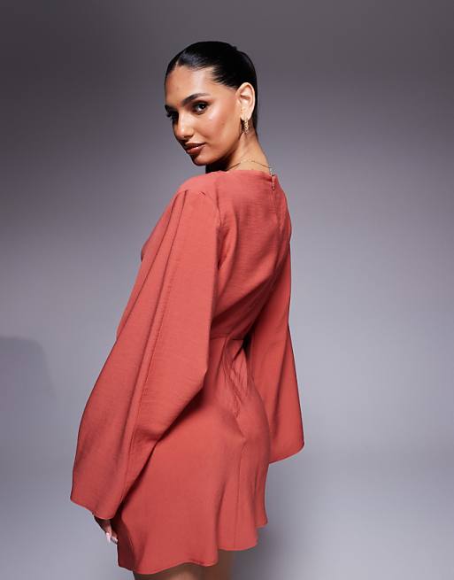 Asos ASOS DESIGN Long Sleeve Tucked Waist Bias Mini Dress In Rust