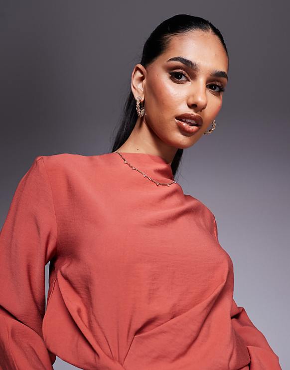 Asos ASOS DESIGN Long Sleeve Tucked Waist Bias Mini Dress In Rust
