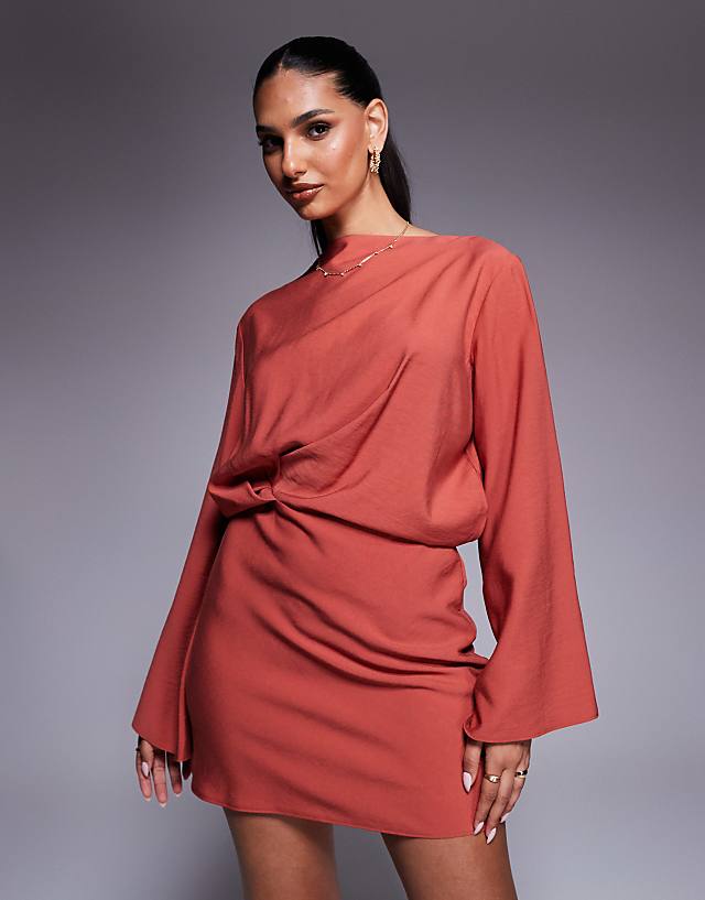 Asos ASOS DESIGN Long Sleeve Tucked Waist Bias Mini Dress In Rust